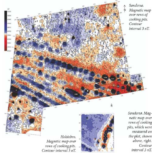 На двухмерной карте магнитного поля чётко видны положительные (синие) аномалии и их отрицательная часть (красные) от очагов вдоль древних улиц.