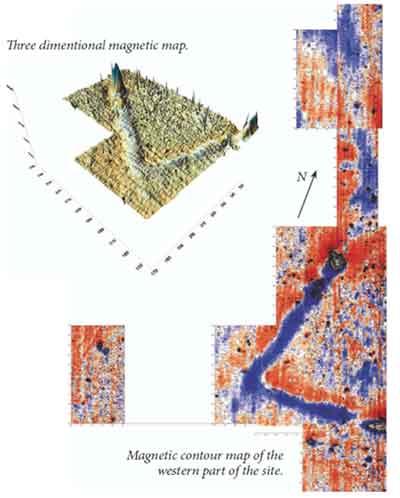 Двух- и трёхмерное изображение магнитного поля погребённой стены.