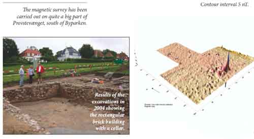 Трёхмерное представление магнитного поля и результаты раскопок. Интенсивная аномалия соответствует железному предмету, находящемуся под каменными плитами пола строения. Вторая, вытянутая, аномалия трассирует стену постройки.