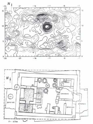 Древние постройки и очаги в магнитном поле, представленном в двухмерном виде. Рядом план обнаруженного и расчищенного сооружения.