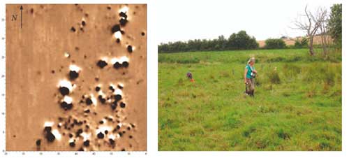 Магнитное поле в трёхмерном виде. Аномалии соответствуют железным предметам. Рис.10. Съёмка градиентометром. Видны натянутые шнуры, соответствующие профилям (справа).